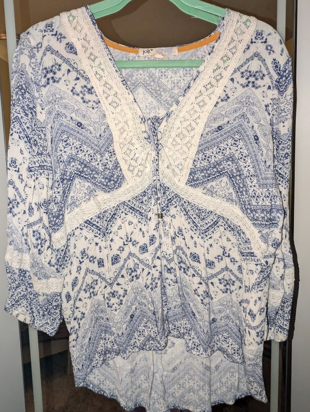 Blue and White Lace-Trim Peasant Tunic